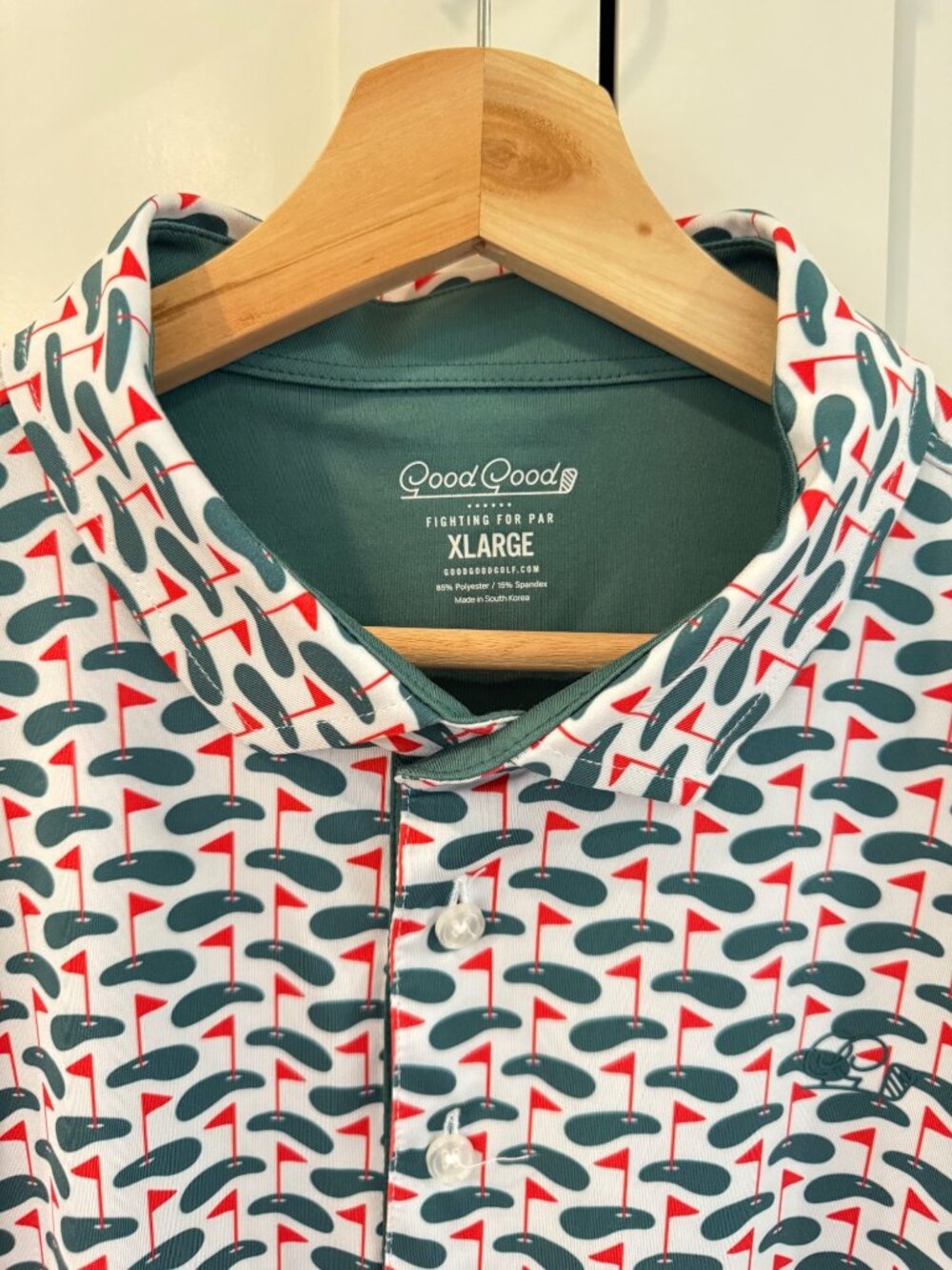 Good Good Golf Polo Mens Size XL Good Cheer Golf Flag Print Red Green White